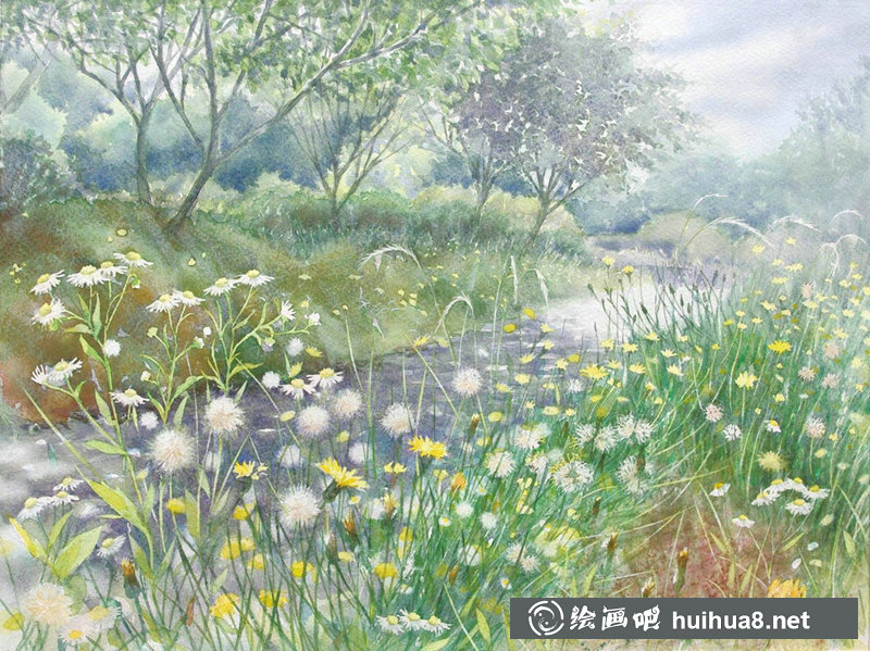 星野木綿的山間花草水彩畫