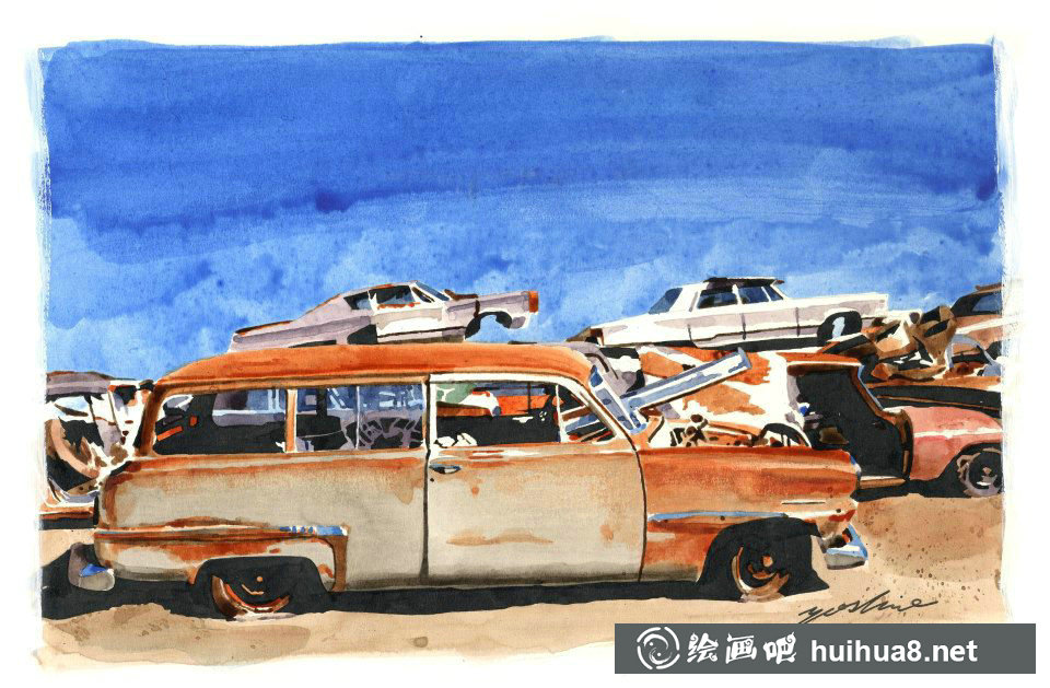 中沢ヨシオ的水彩畫下的機(jī)車