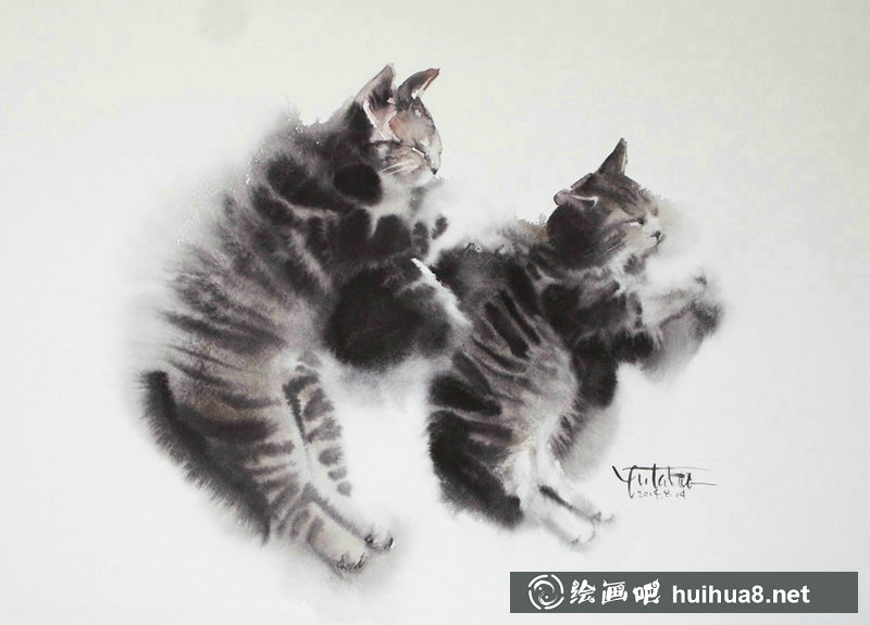 村上豊的水彩畫貓作品