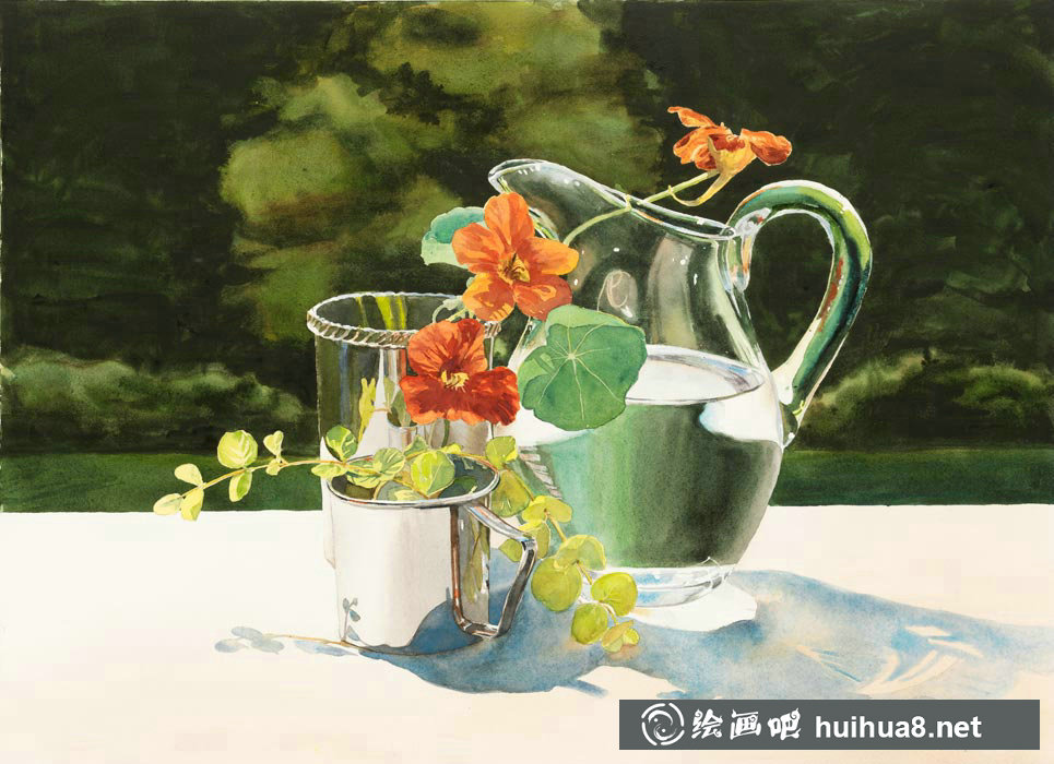 Delphine Poussot的靜物玻璃瓶水彩畫