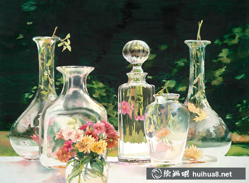 Delphine Poussot的靜物玻璃瓶水彩畫