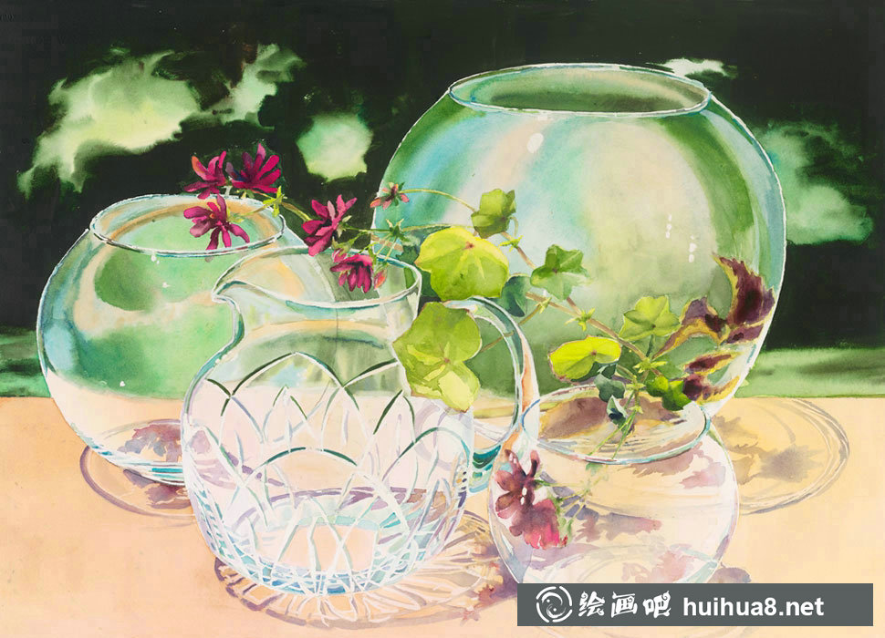Delphine Poussot的靜物玻璃瓶水彩畫