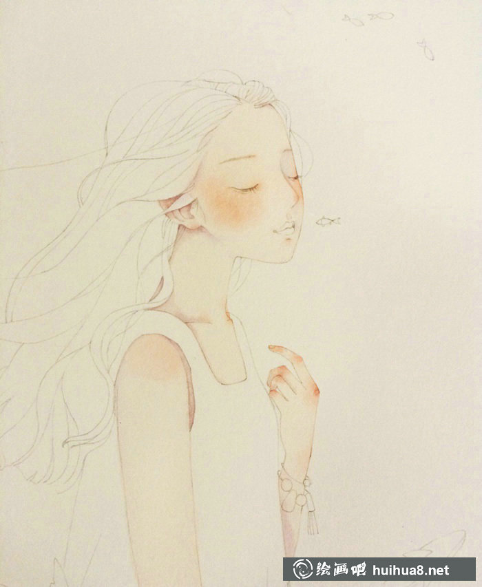 唯美人物水彩插畫線稿上色步驟教程