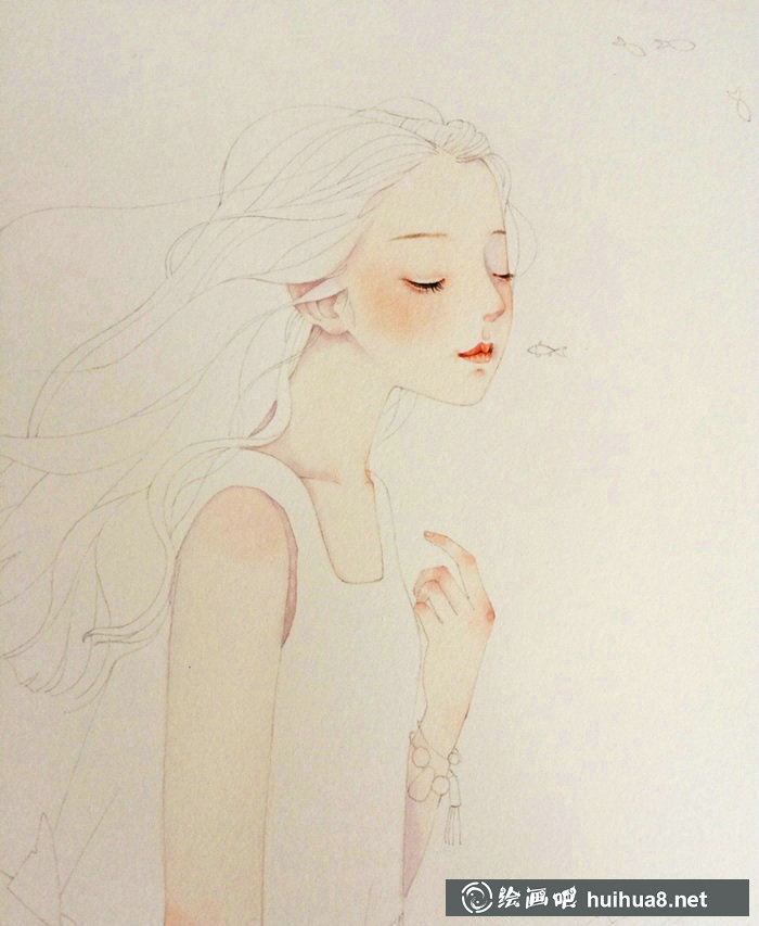 唯美人物水彩插畫線稿上色步驟教程