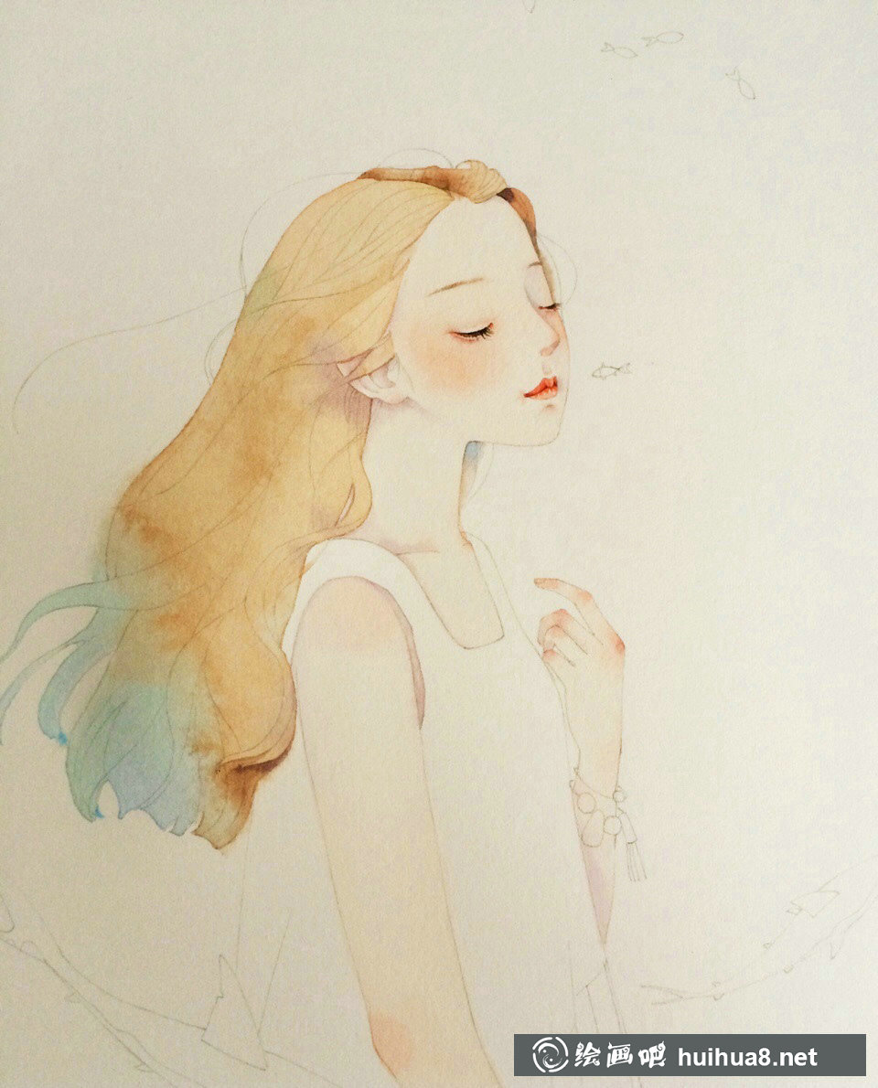 唯美人物水彩插畫線稿上色步驟教程