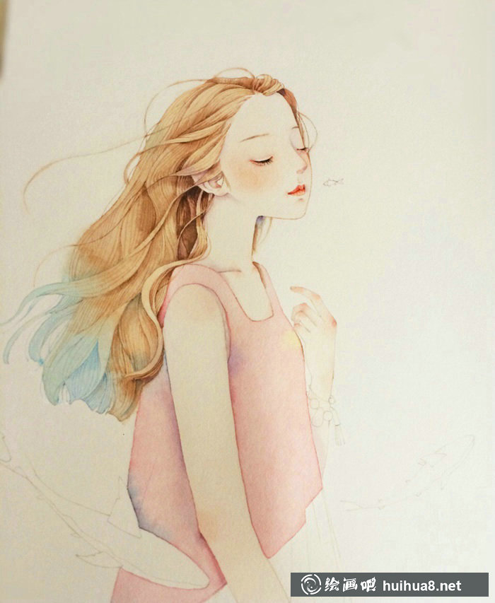 唯美人物水彩插畫線稿上色步驟教程