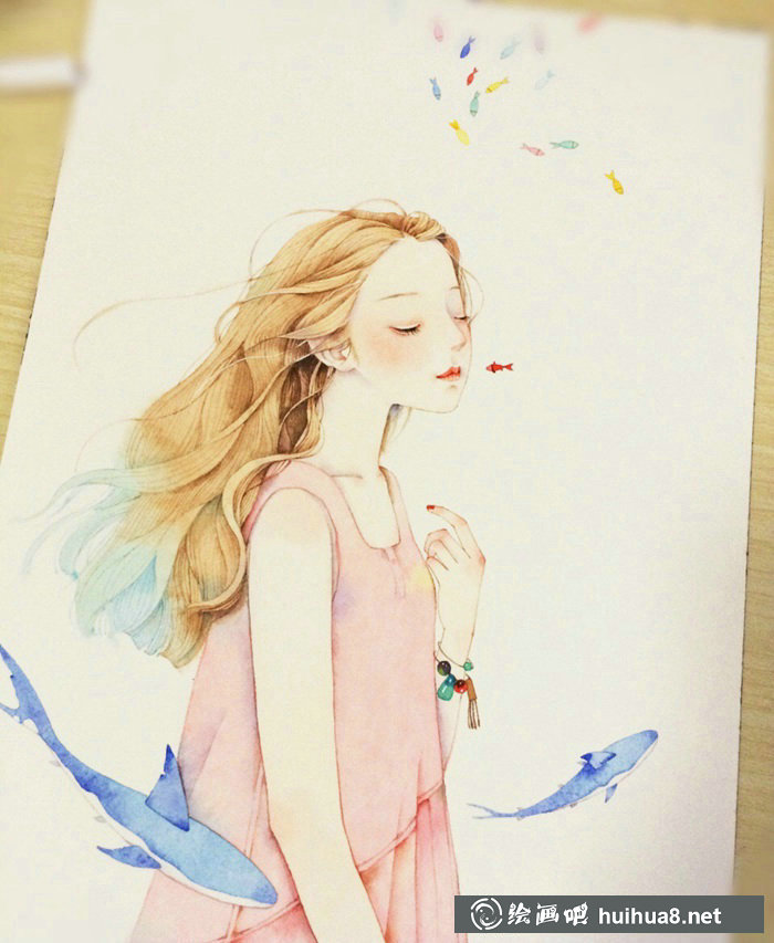 唯美人物水彩插畫線稿上色步驟教程