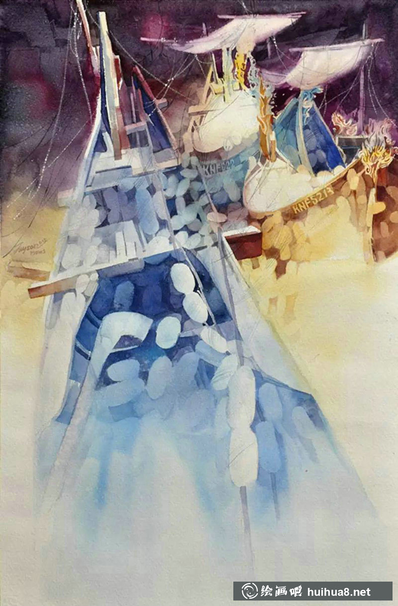 楊覺升關(guān)于船的傳說水彩畫作品欣賞