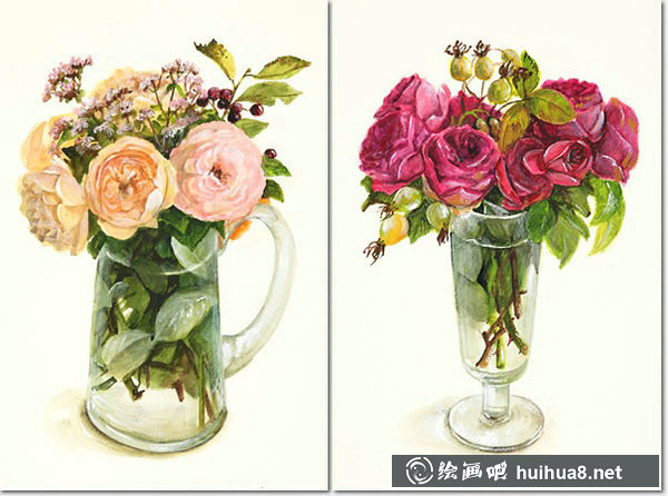 橋本不二子的瓶中插花花卉水彩畫