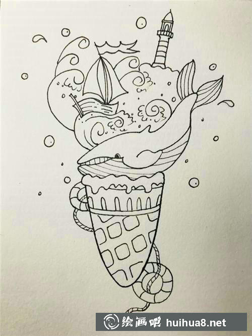 海洋冰淇淋彩鉛畫線稿