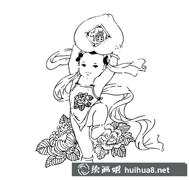 抱桃的小孩新年簡筆畫圖片