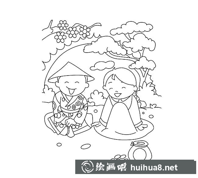 坐在草地上的兩小兒童簡(jiǎn)筆畫(huà)