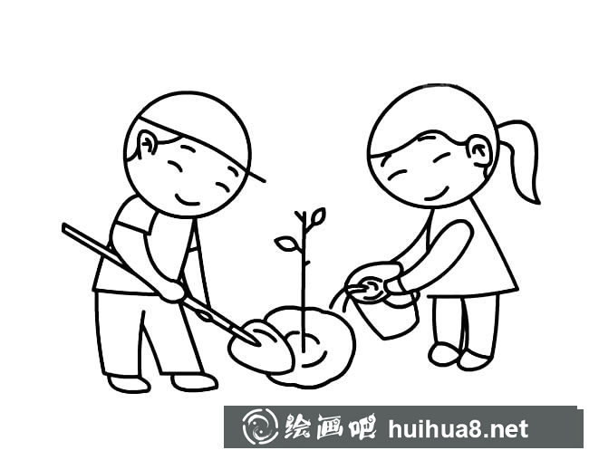 植樹節(jié)小朋友種樹的簡(jiǎn)筆畫圖片