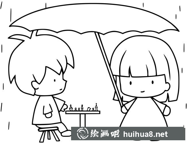 兩個小朋友雨中下棋簡筆畫圖片