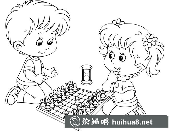 小男孩和小女孩下棋簡(jiǎn)筆畫圖片