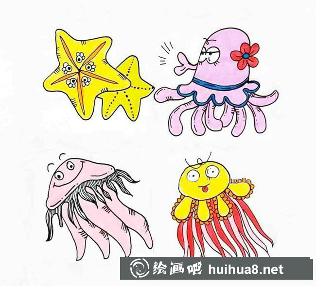 四種卡通海洋生物彩色簡筆畫圖片