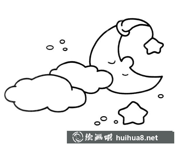 卡通夜晚月亮星星白云簡筆畫圖片