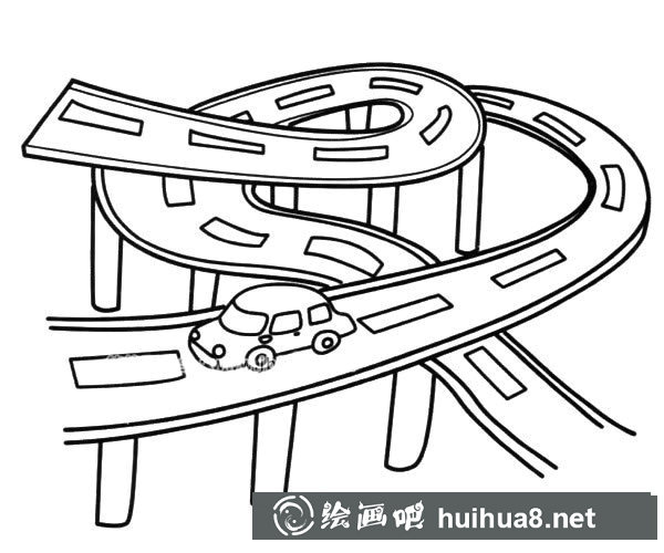 城市交通立交橋的簡筆畫圖片_立交橋上的汽車