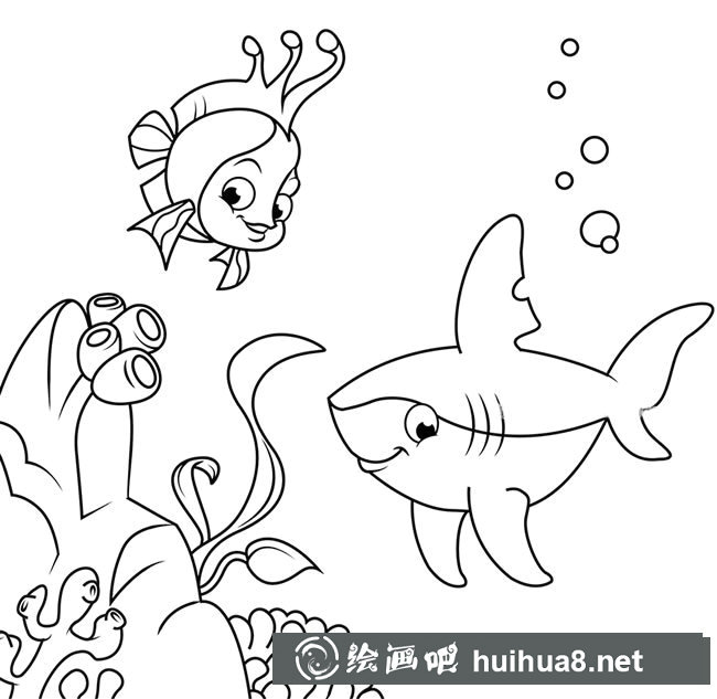 海底世界簡(jiǎn)筆畫之珊瑚魚和鯊魚