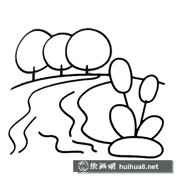 河畔風景簡筆畫圖片