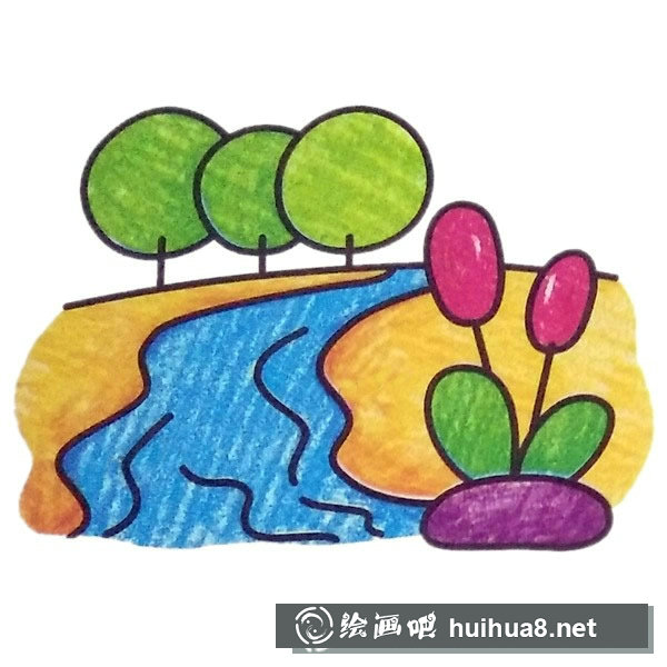 河畔風景簡筆畫彩色圖片
