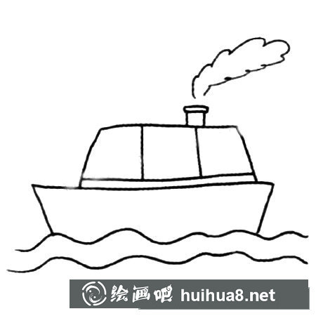 3.最后畫出煙囪上面冒出的煙，終于可以看出是開動著的船啦！