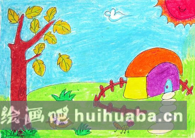小學(xué)生秋天的小鄉(xiāng)村兒童畫/油棒畫圖片