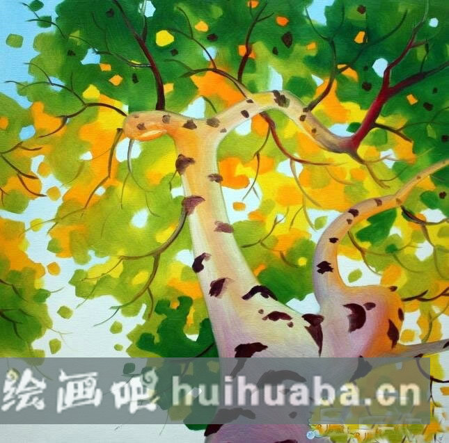 秋天的白樺樹油畫 秋天的兒童畫作品欣賞