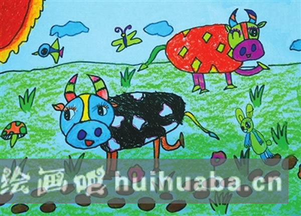 草原上的牛兒童畫/蠟筆畫圖片
