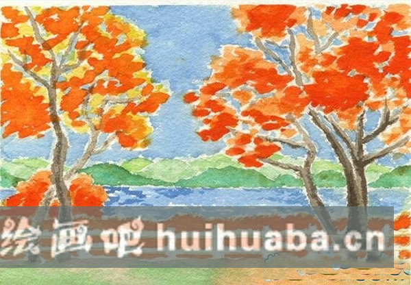 兒童畫秋天公園的景色簡(jiǎn)筆畫/水彩畫圖片