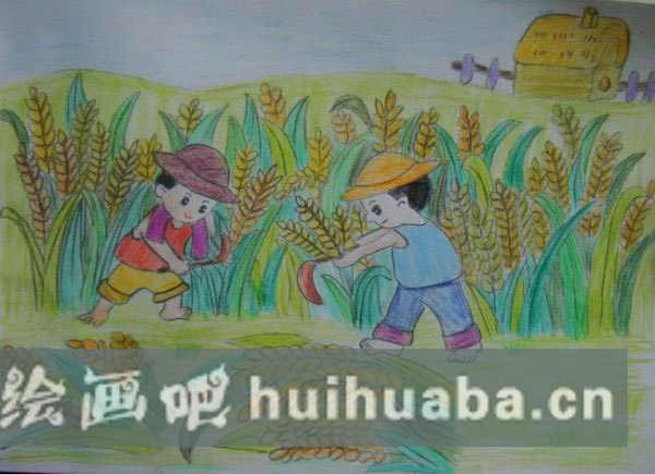 秋天豐收的景色兒童畫/水粉畫圖片