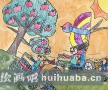 郊外摘蘋果秋日幼兒繪畫