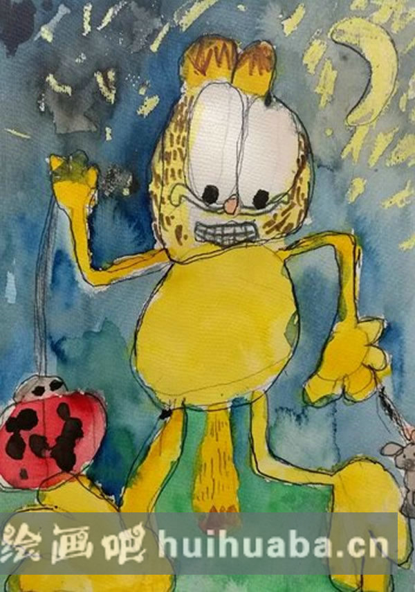 勤勞的加菲貓動物兒童畫作品欣賞/水彩畫圖片