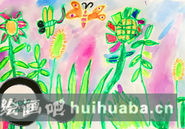 春天草叢里的小動物兒童畫/水彩畫圖片