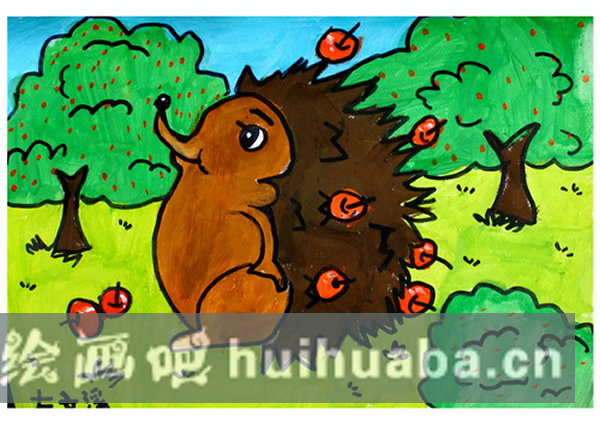 小刺猬運水果兒童畫_可愛的小動物兒童畫作品欣賞
