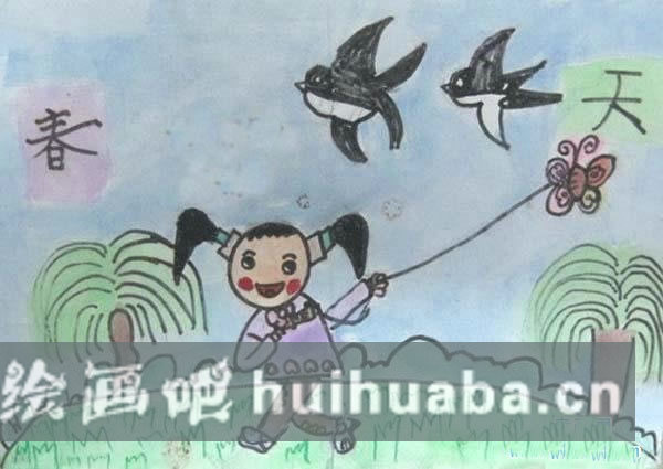 兒童畫春天放風(fēng)箏的圖畫_二年級(jí)春天兒童畫