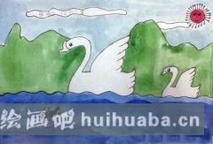 兒童水粉繪天鵝美景