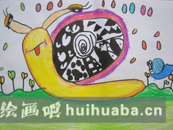 春天里的小蝸牛兒童畫(huà)/蠟筆畫(huà)圖片