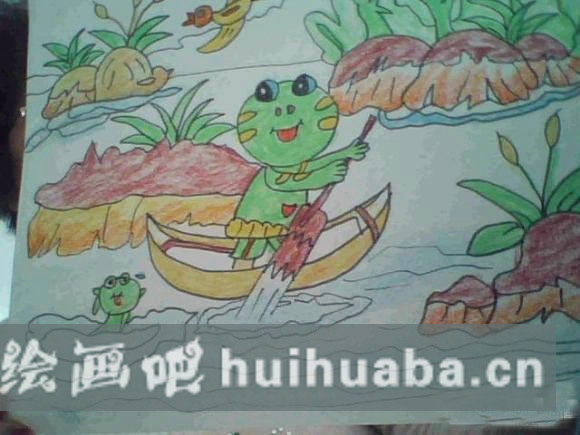 最簡單兒童動物彩色鉛筆畫圖片_劃船的小青蛙