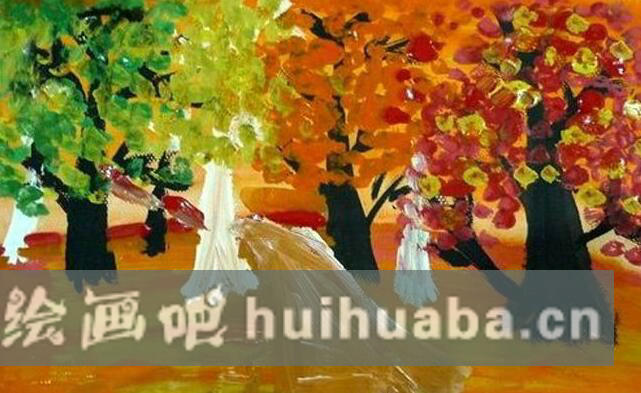 秋天的樹林油畫圖片_兒童畫秋天的圖畫