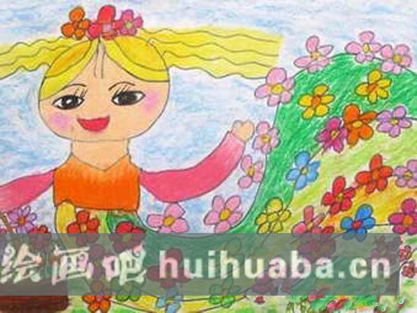 幼兒園大班春天兒童畫作品圖片：美麗的春姑娘