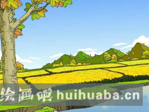 幼兒園秋天兒童畫教師范畫_金色的田野