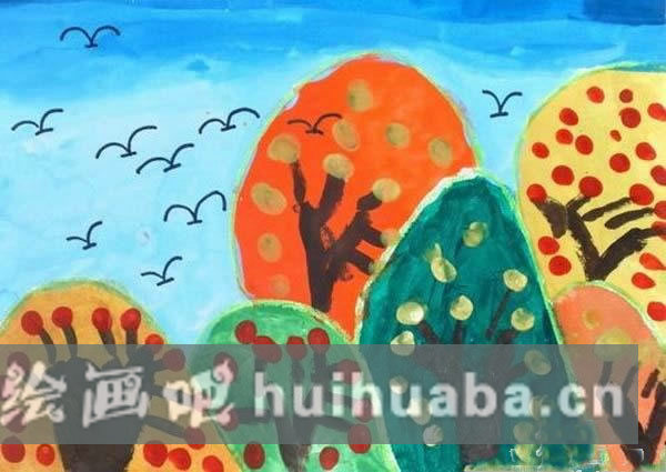 美麗的兒童秋天水粉畫作品圖片_大雁往南飛