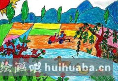 幼兒描繪春日田野美景畫作