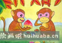 小猴子吃桃子童趣畫