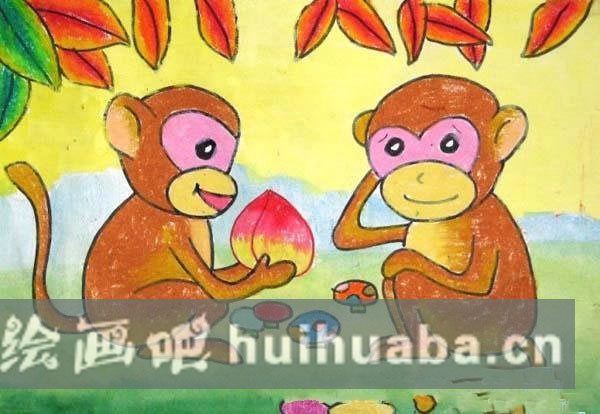 小猴子吃桃子兒童畫_簡單的猴子怎么畫