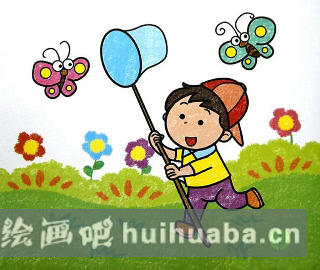 兒童油畫棒畫作品圖片欣賞：春天捕蝴蝶的小男孩兒童畫