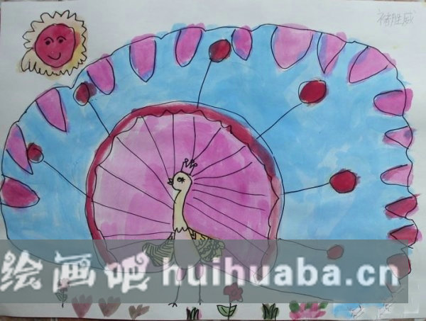 水彩孔雀兒童畫(huà)美術(shù)作品:孔雀開(kāi)屏