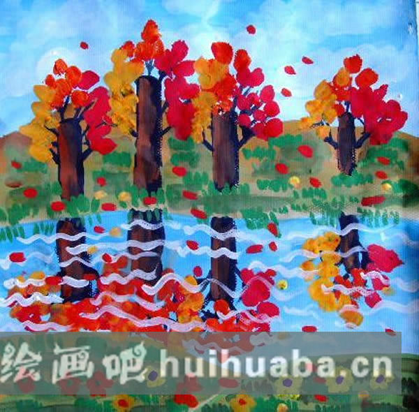 畫秋天的景色兒童畫水粉畫圖片:落葉知秋