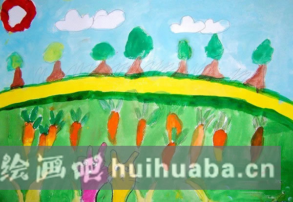 幼兒園小班動物水彩畫兒童畫欣賞：小兔子吃蘿卜